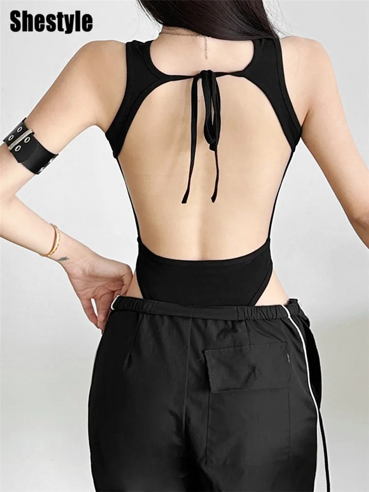 Shestyle Zwart Mesh Transparant Backless Vrouwen Bodysuit Vrouwen Ronde Hals Patchwork Bandage Tank Tops Herfst Basic Stijlvol Nieuw