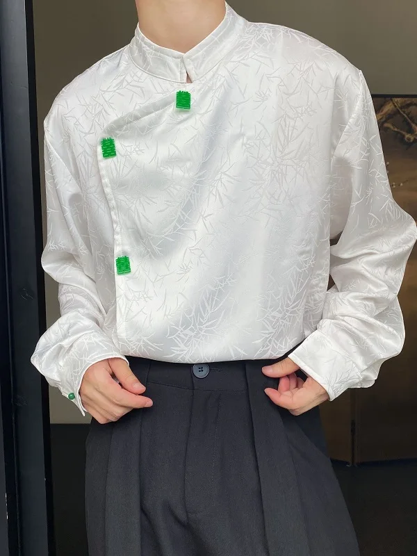 

Autumn Faion Men's Long Sve irt Satin Surface Embroidery Stand Collar Retro Design Youth ular Loose Fit All Seasons