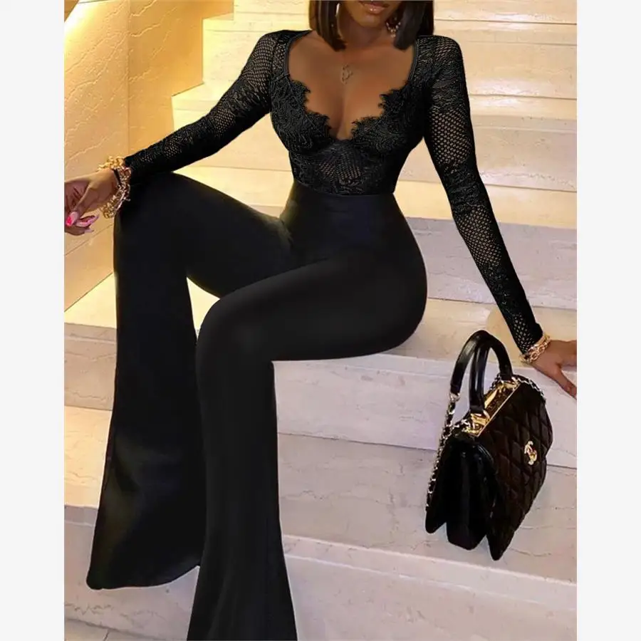 

High Waist Lace Splice Jumpsuit Street Sle Cotton PVC Material Floral Lace Hollow out Design Casual Pants for Middle-Aged W...