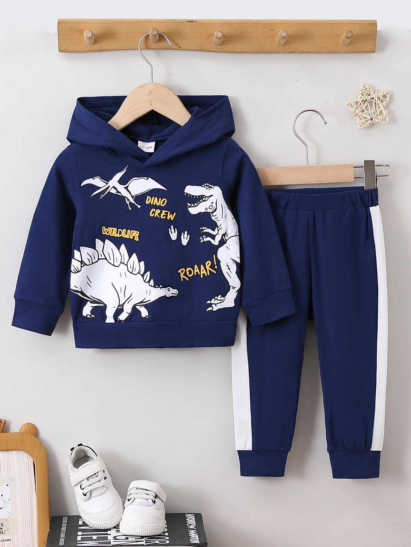 Spring Autumn Boys Dinosaur Hoodie Set Fun Cool Dinosaur Print Hood Design SideStripe Pants Comfortable Fabric Kids Outfit