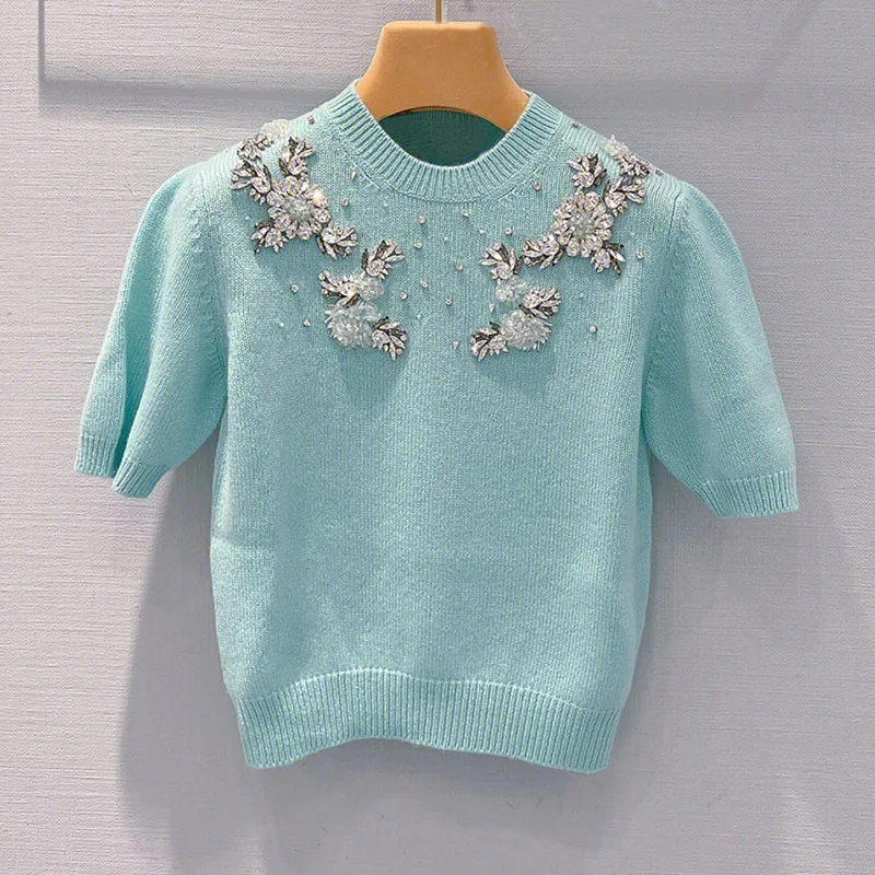 Short knit shirt hand-stitched drill style round neck short-sleeved shirt chic atmosphere to wear with the new winter style