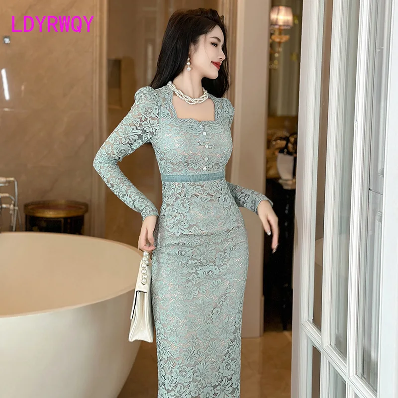 2023 Autumn/Winter Women's French Style Square Neck Slim Fit Lace Dress with Bottom Wrap