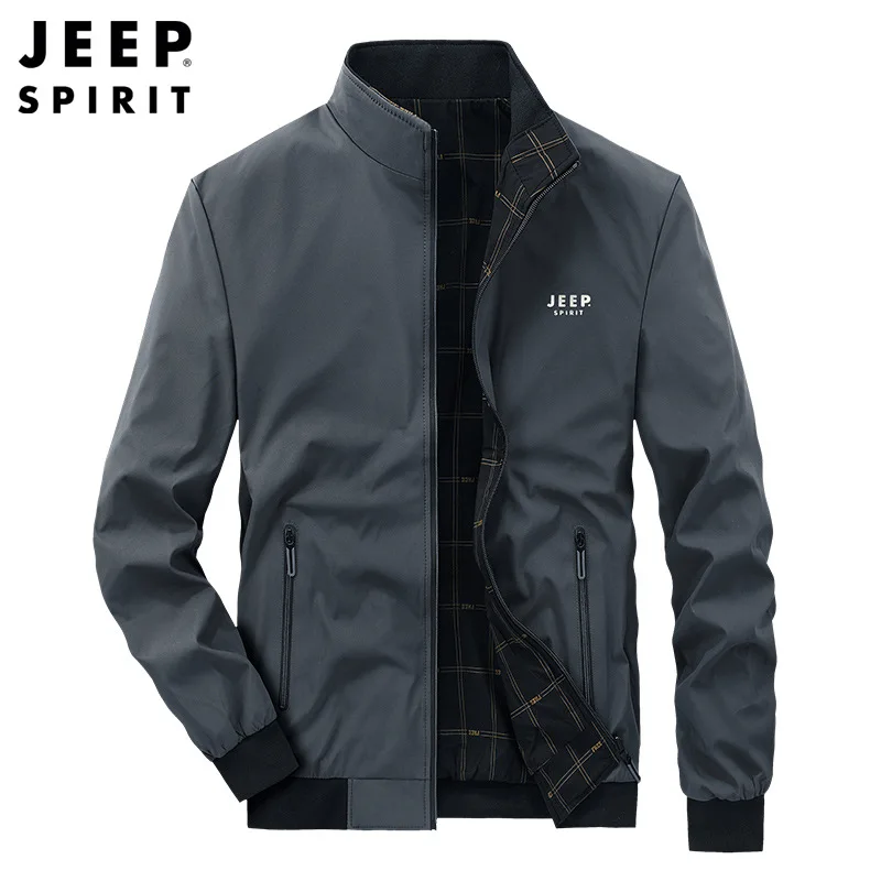 JEEP SPIRIT Spring and Autumn Fashion Simple Men Stand Collar Jacket Youth Double Sided Casual Versatile Coat Multi color Option