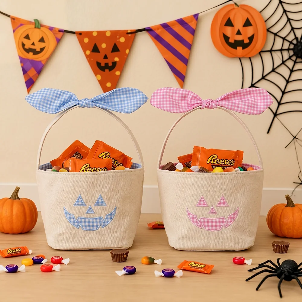 Kleiner Kürbis-Halloween-Korb aus Segeltuch, Süßigkeiten-Eimer mit Gingham-Schleifengriff für Kinder, Trick-or-Treat-Party-Dekoration – Detail 2