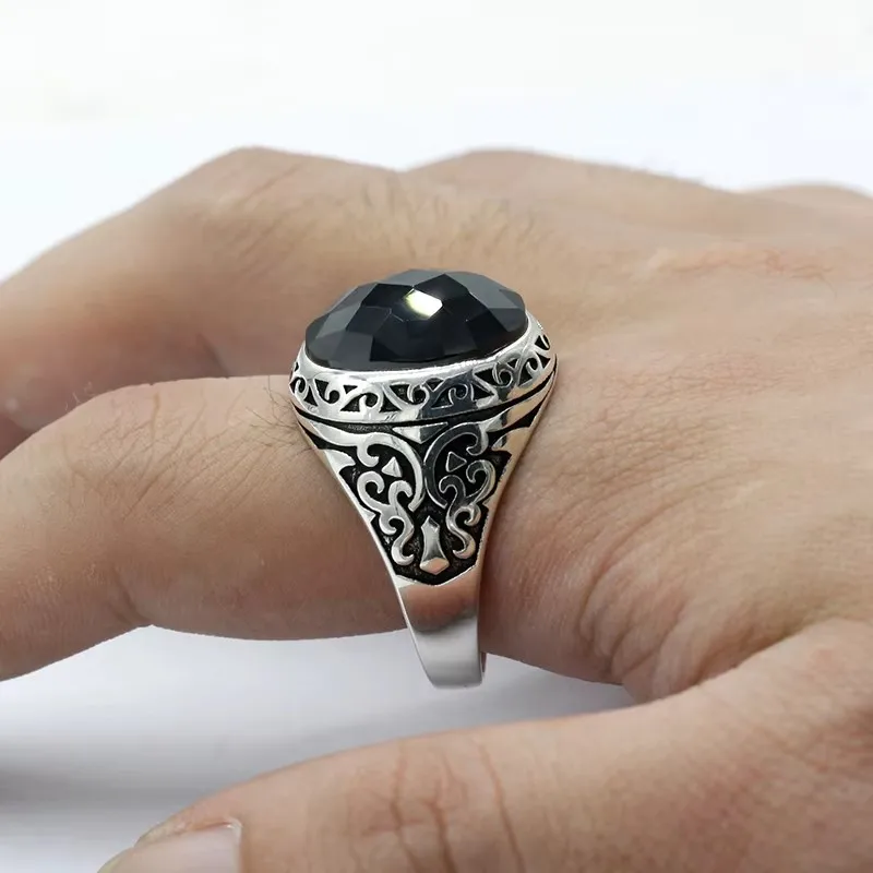 خاتم S925 مصنوع يدويًا من الفضة على شكل حرف a من الزركون الأسود للرجال Tö rkiye فاخر على طراز الشرير النقي هدية حفلات المهرجانات للرجال