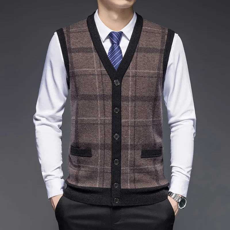 

Pure Wool Men's Cardigan Vest Autumn and Winter New Thickened Plaid Jacquard Men's Knitted Vest