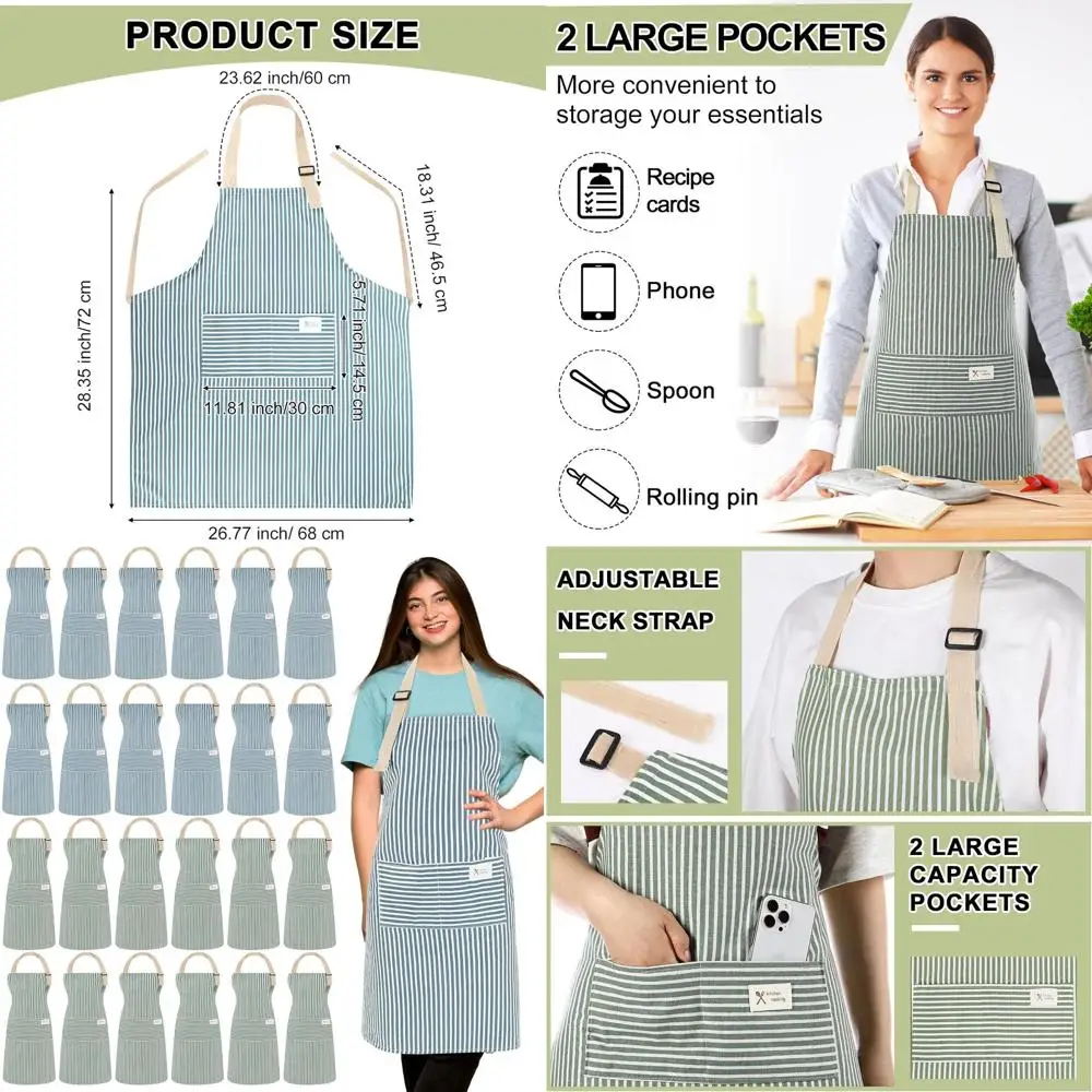 

24-Piece Apron Set for Men & Women with 2 Pockets, Linen Cooking Aprons, Adjustable Bib Aprons for Kitchen, Unisex