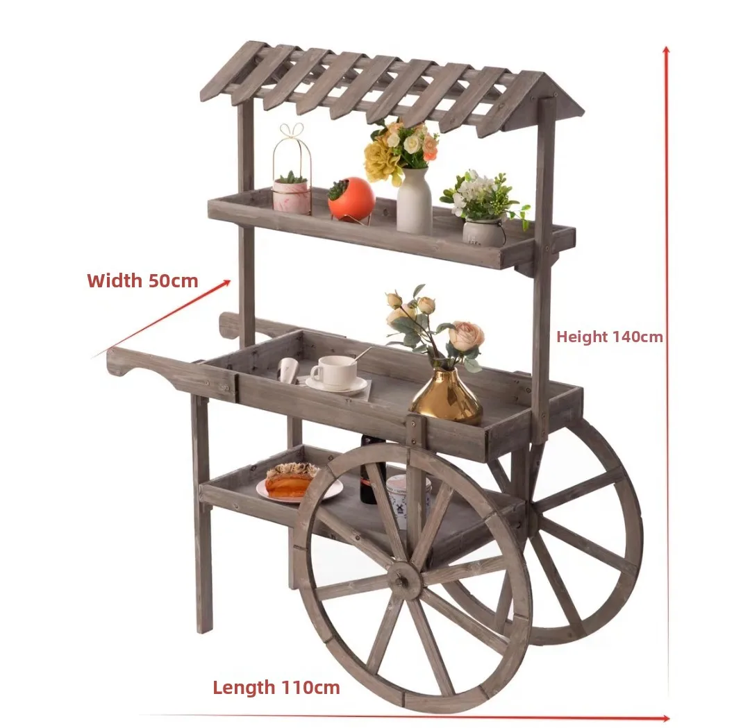 

Large solid wood float flower stand shelf flower shop decorative display rack multi-functional retro cart