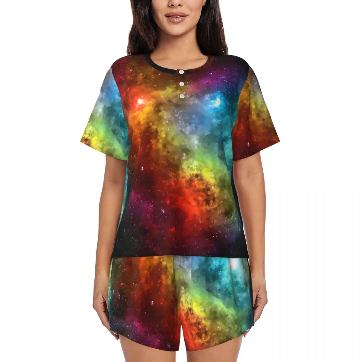 

Colorful Galaxy Pajamas Short Sleeve Nebulous Print 2 Piece Casual Pajama Sets Spring Female O Neck Cute Nightwear