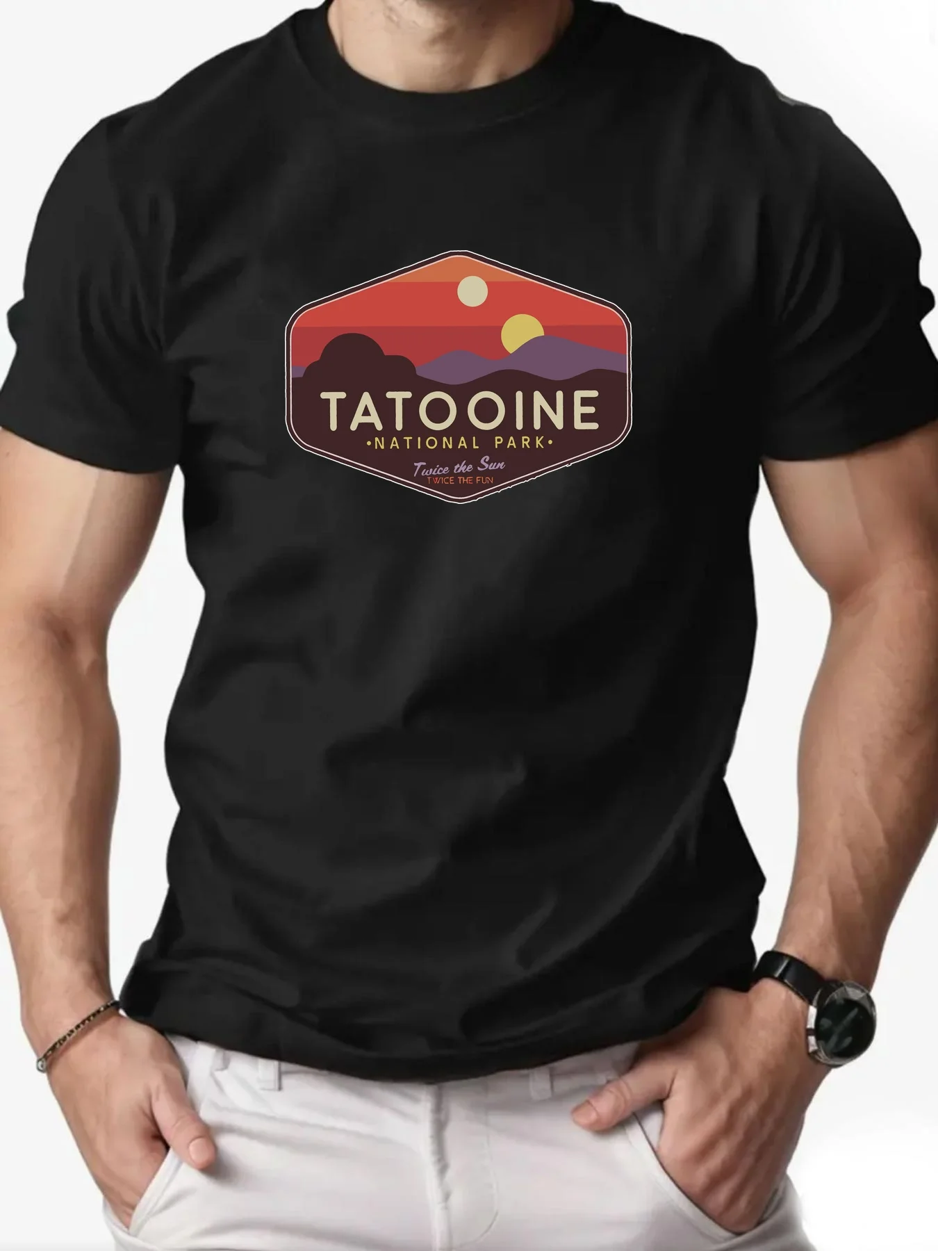 

Men's Tatooine National Park Pattern Summer T-shirt, Bright Yellow Casual Short-sleeved Top with Sunset Mountain View Design
