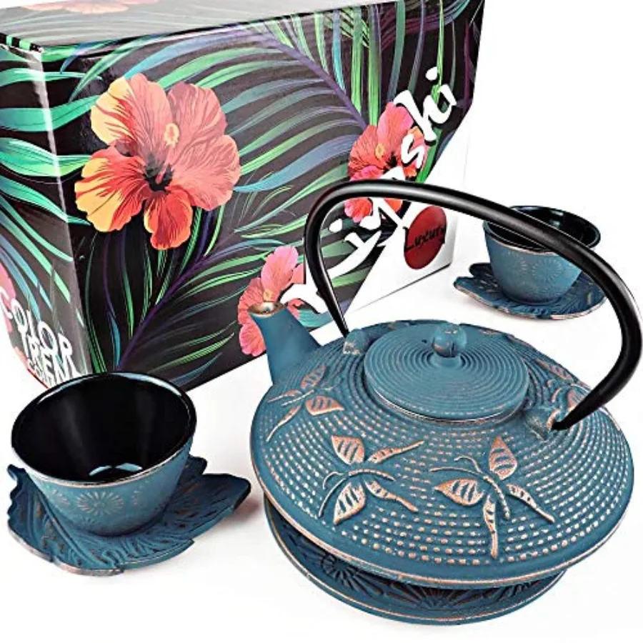 Juego de té japonés de 7 piezas. Tetera de Hierro Fundido con Diseño de Mariposa, con 2 Tazas, 2 Platos, Infusor de Té y Base para Tetera Matcha Ceremonial