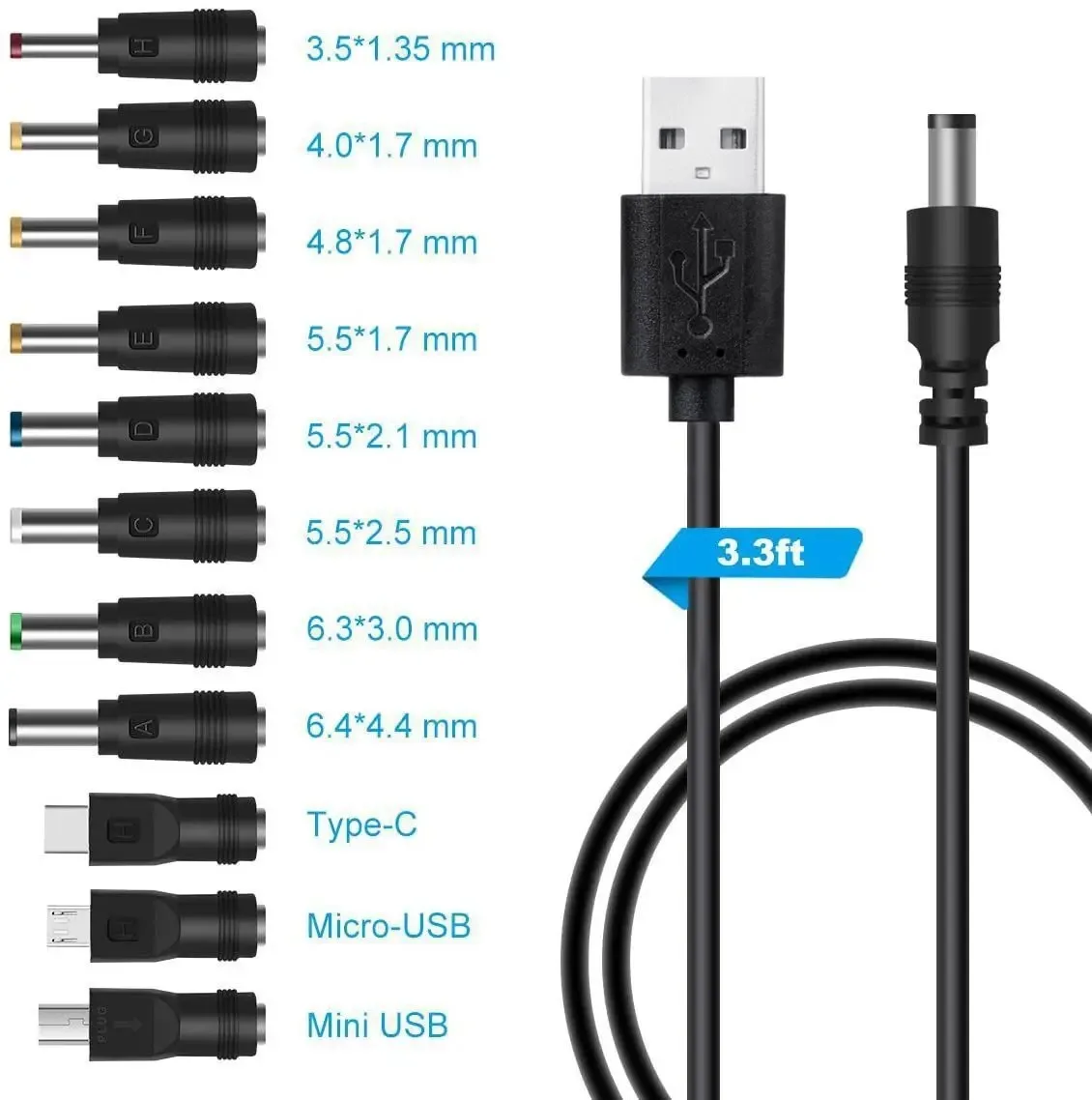 5V Universal DC Power Cable, USB to DC Charging Cord with 11pcs Adapter Plugs for Webcam Router, Recorder, Bluetooth Speaker, Scanner, DVR, Hard Disk Box, USB-HUB etc.