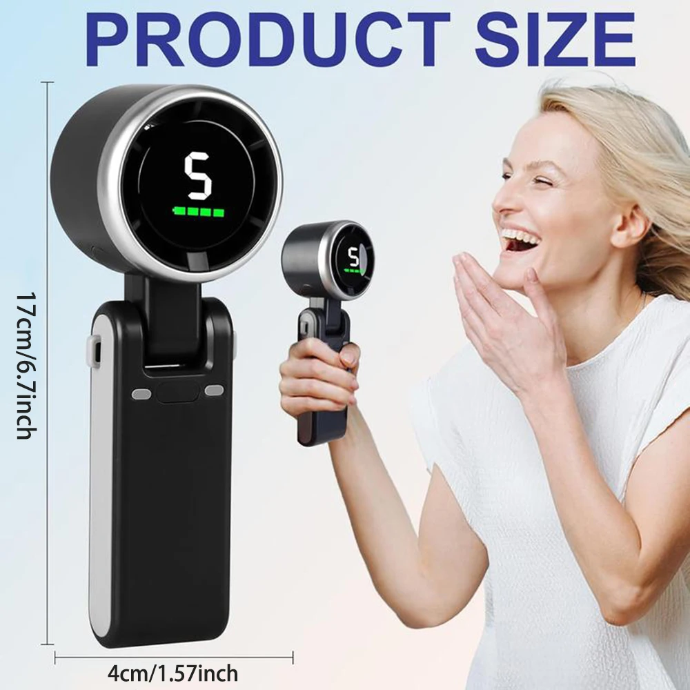 3-in-1 Portable Handheld Turbo Fan, 5-Speed High-Velocity Cooling, 3600mAh Battery, Digital Display, Foldable USB/Type-C Fan