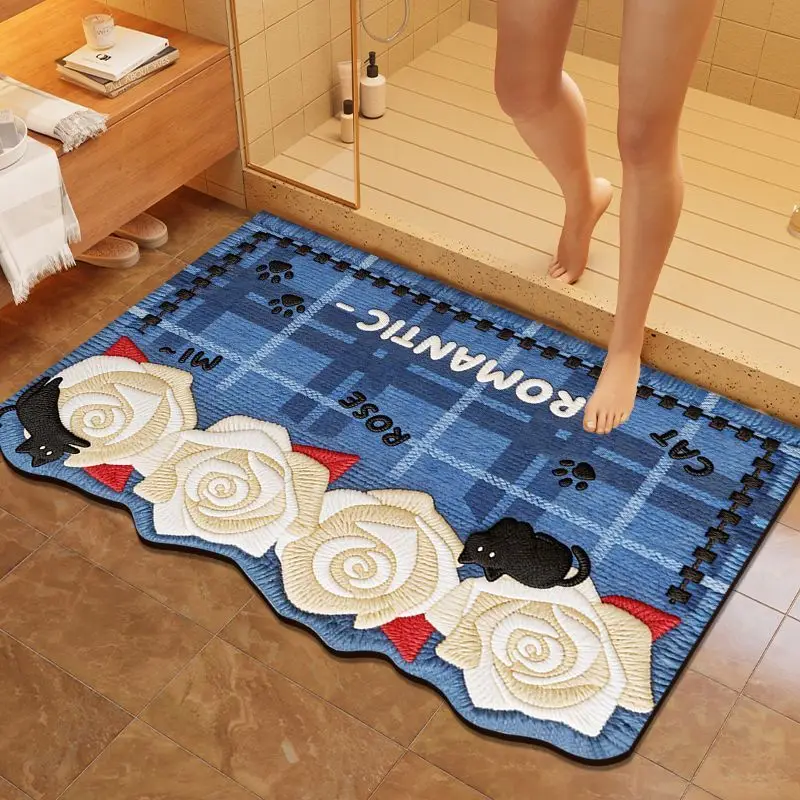 VIKAMA Vintage Embroidered-Style Floral Bathroom Mat, Absorbent and Non-Slip Entryway Mat, Entryway Rug, Home Decor