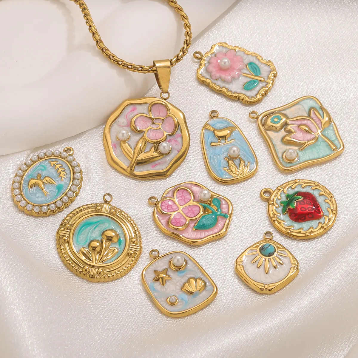 5 Stück Edelstahl Emaille Blumen Charm unregelmäßige geometrische vergoldet DIY Halskette Armband Schmuck machen liefert Großhandel