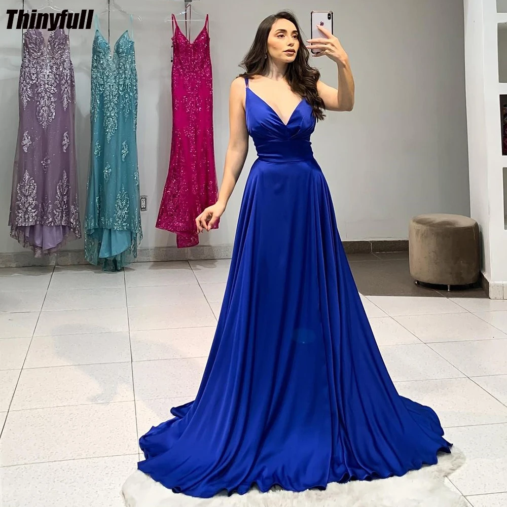 

Thinyfull 2024 A-line Evening Dresses V-neck Spaghetti Strap Prom Dress Long Satin Simple Formal Occasion Gowns Robe De Soirée