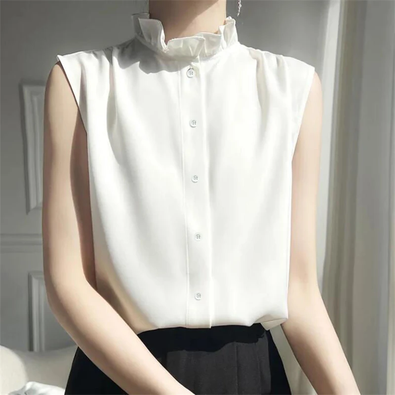 Women\'s Korean Fashion Ruffle Sleeveless Button Shirt Office Lady Elegant Business Casual Blouse Summer White Loose Chiffon Tops