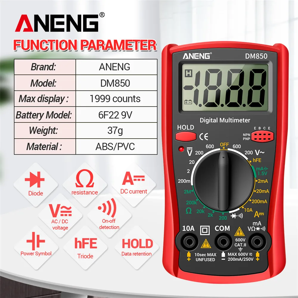 ANENG 디지털 멀티미터 자동 전문 1999 카운트, 자동 AC/DC 전압 테스터, 전류 옴 전류계 감지기 도구, DM850
