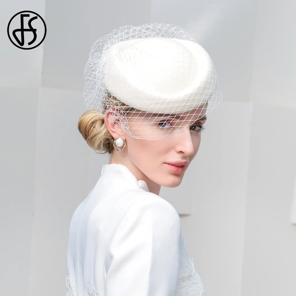 FS White Wool Felt Beret Wedding British Top Hats For Women Ladies Church Fedoras Hat With Veil Black Female Fascinators Hat