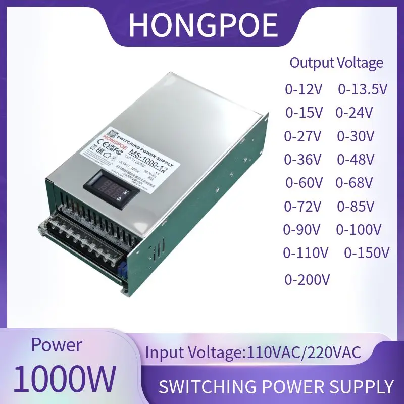

1000W Switching Power Supply Input 110VAC/220VAC Output 0-12V 15V 24V 27V 30V 36V 48V 60V 68V 72V 85V 90V For Light Cnc Cctv