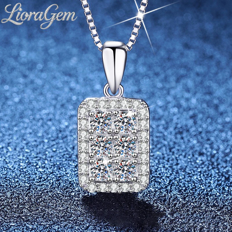 LioraGem Platinum PT950 Sparkling Square Sugar Moissanite Necklace, Minimalist Luxury Fully Diamond Pendant Clavicle Chain
