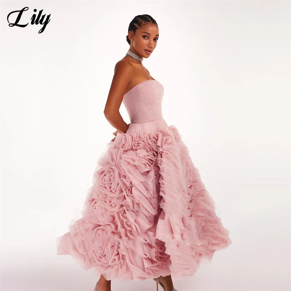 Lily Pink Strapless Evening Gown 3D Flower Ankle Length Net Elegant Prom Dress Lace Up Back Wedding Evening Dress robe de soirée