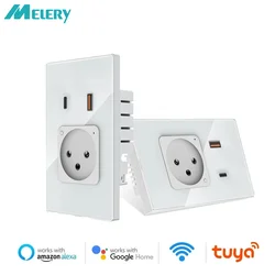 Melery Wifi Smart Israel Wall Socket USB Plug Outlet Type-C PD 20W Fast Charge Glass Panel Remote Control by Alexa Google Home