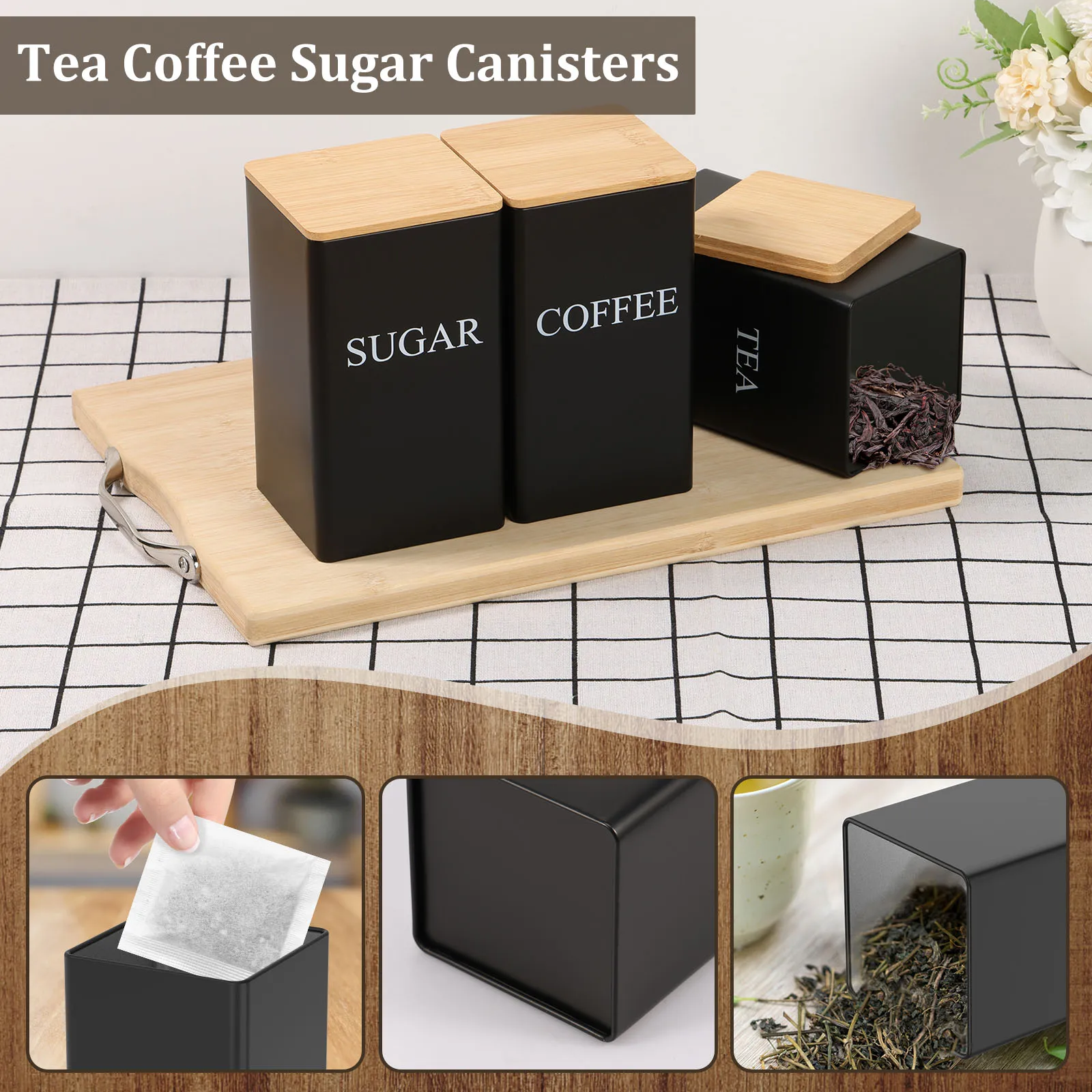 Coffee Bean Storage With Bamboo Lid 1000 ML Metal Coffee Tea Sugar Container Square Tea Canister Storage Jar Kitchen Supplies