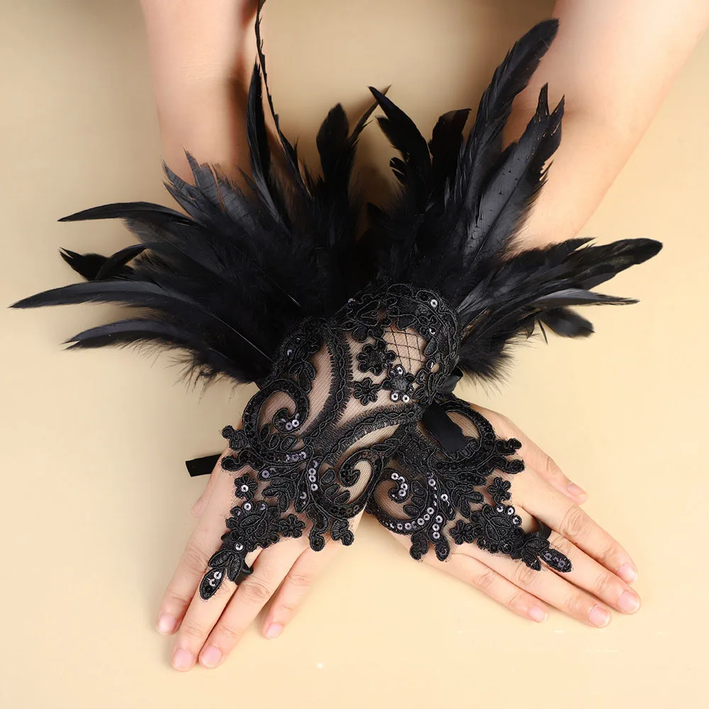 Fashion Feather Sleeve Cuffs Gloves Party Cosplay Lace Wrist Cuffs Fur Sleeve Furry Accessories Carnival Stage Show Costume