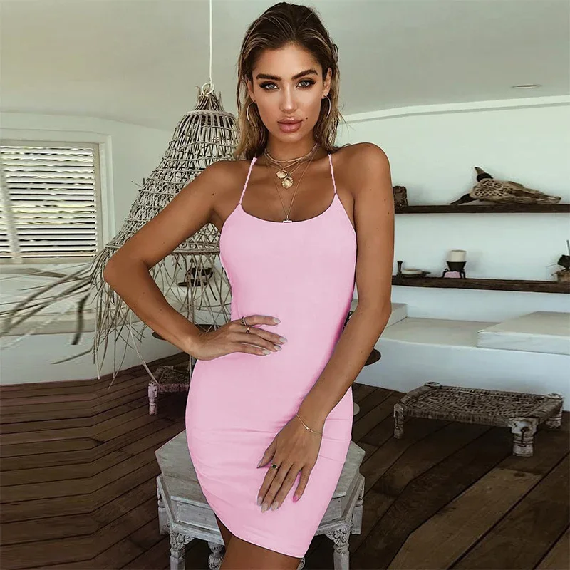 2023 New Summer Women Sexy Plain Solid Color Bandage Dress Elegant Backless Sleeveless Bodycon Evening Party Club Mini Dress