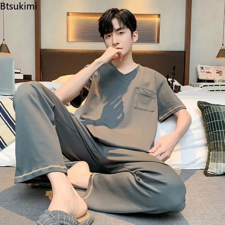 Fashion New Men's Sleepwear Two Pieces 2026 Summer Comfy Cotton Simple Lounge Home Wear Short-sleeve Tops with Pants Man Pajamas