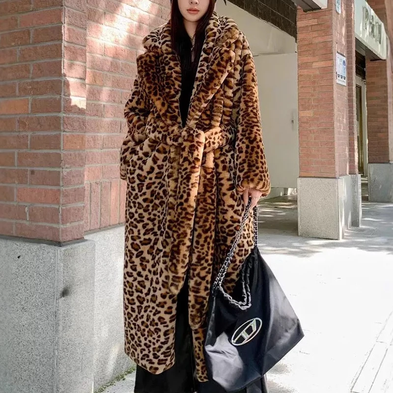Leopard Faux Fur Coats Women Print Imitation Fox Fur Long Coat Thick Warm Turn Down Collar Jacket Belt Outerwear Jackets Winter