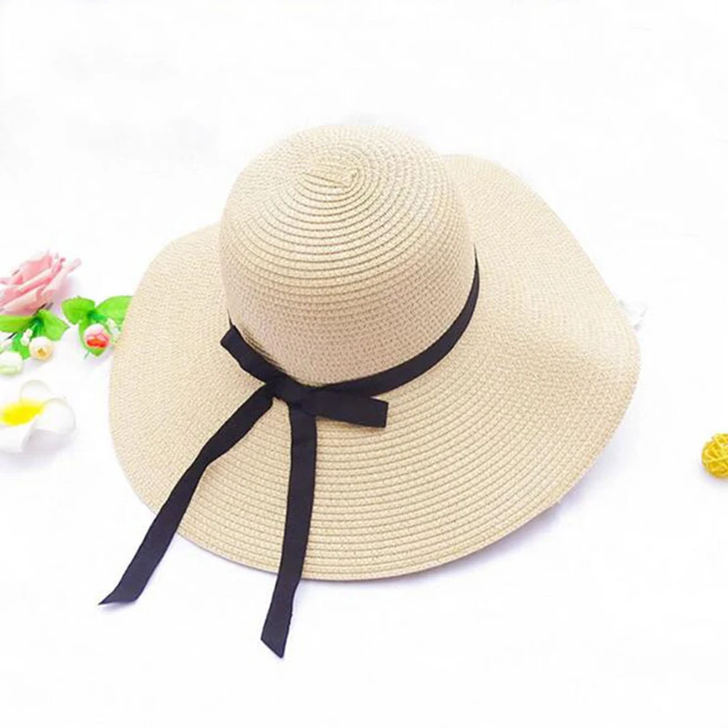 Wide Brim Bowknot Ribbon Straw Sun Hats for Women Girls Summer UV Protection Floppy Foldable Beach Hat Outdoor Travel Panama Cap