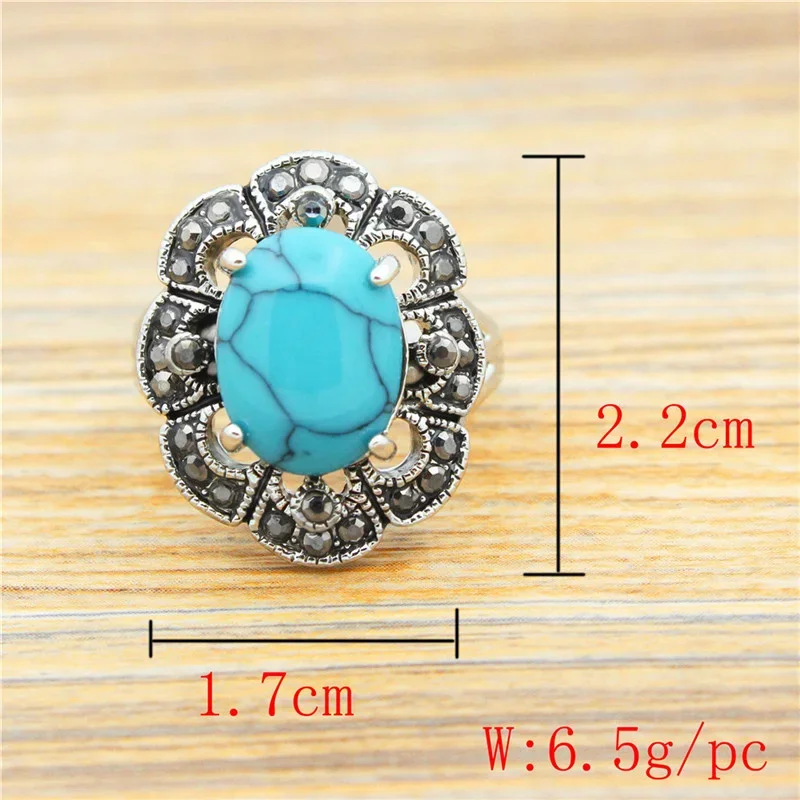 Vintage Plumflower Rhinestone Howlite Synthetic Turquoise Rings For Women Antique Silver Plated Fashion Jewelry