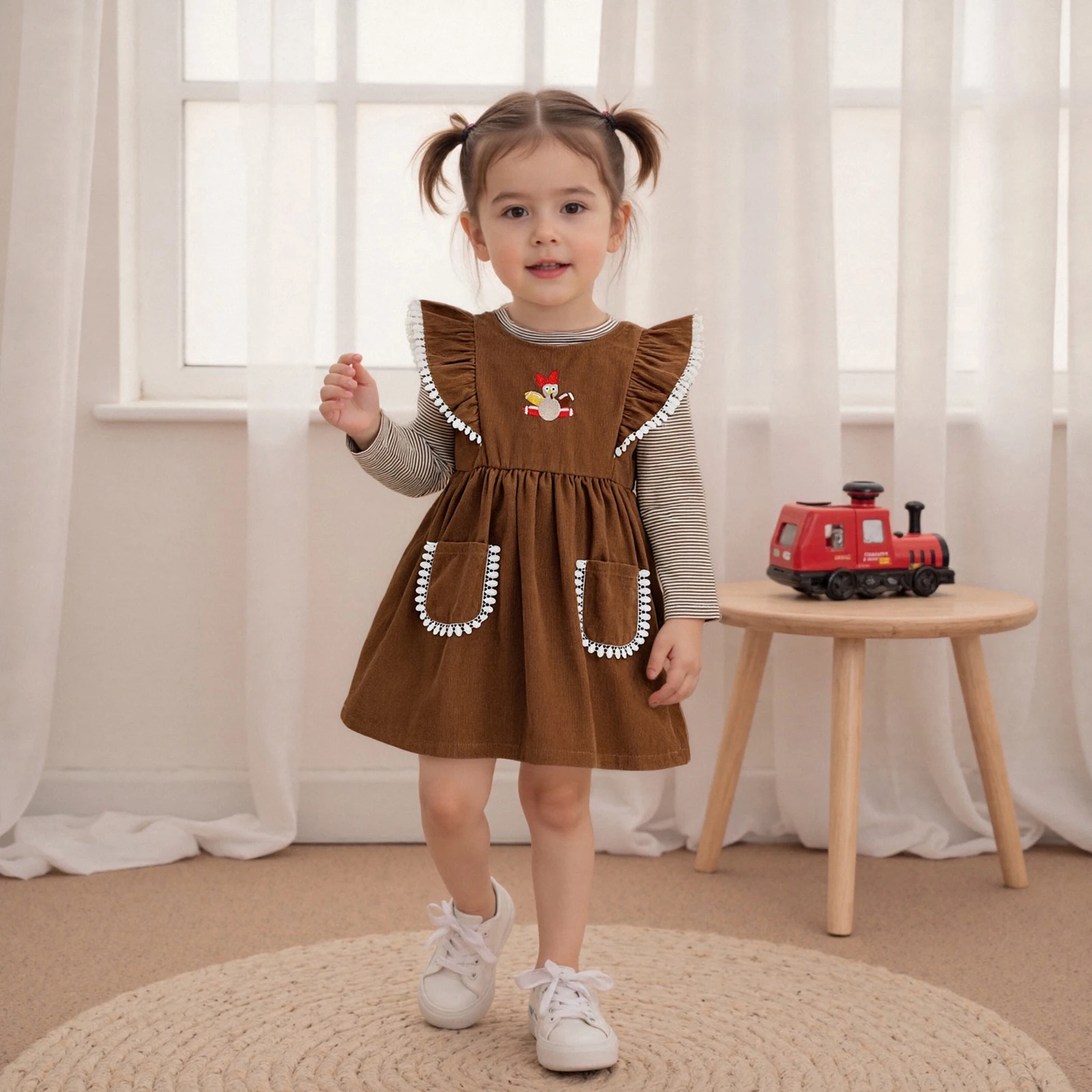 طقم ملابس للفتيات الصغيرات بأكمام طويلة وقمصان مخططة مع فستان بدون أكمام مطرز تركيا لعيد الشكر مكون من قطعتين #3