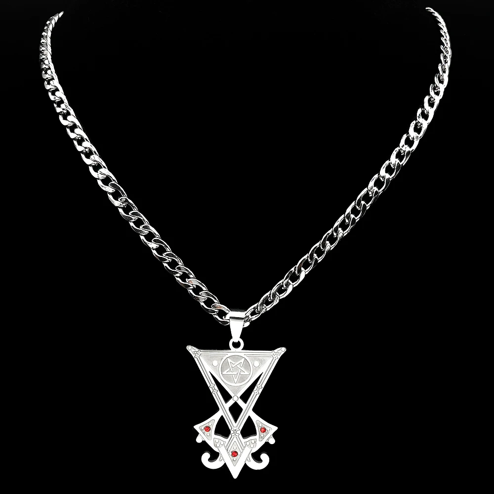 Sigil Church of Satan Inverted Pentagram Pendant Necklace Stainless Steel Seal of Lucifer Devil Symbol Red Rhinestones Jewelry