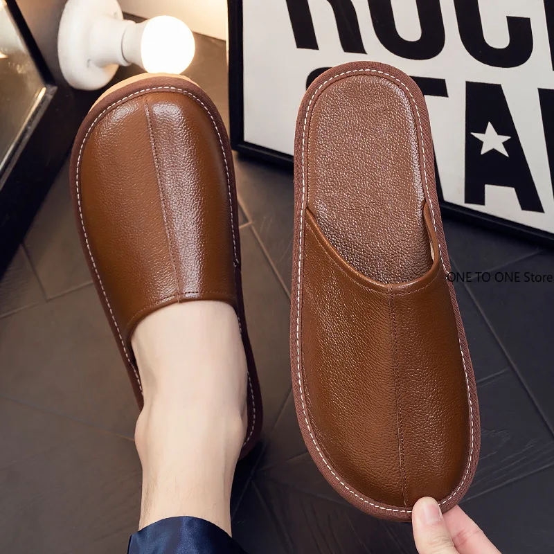 

Wholesale Handmade Four Seasons Leather Slippers Household Indoor Non-slip Cool Slippers Men and Women Home Silent Bag Head