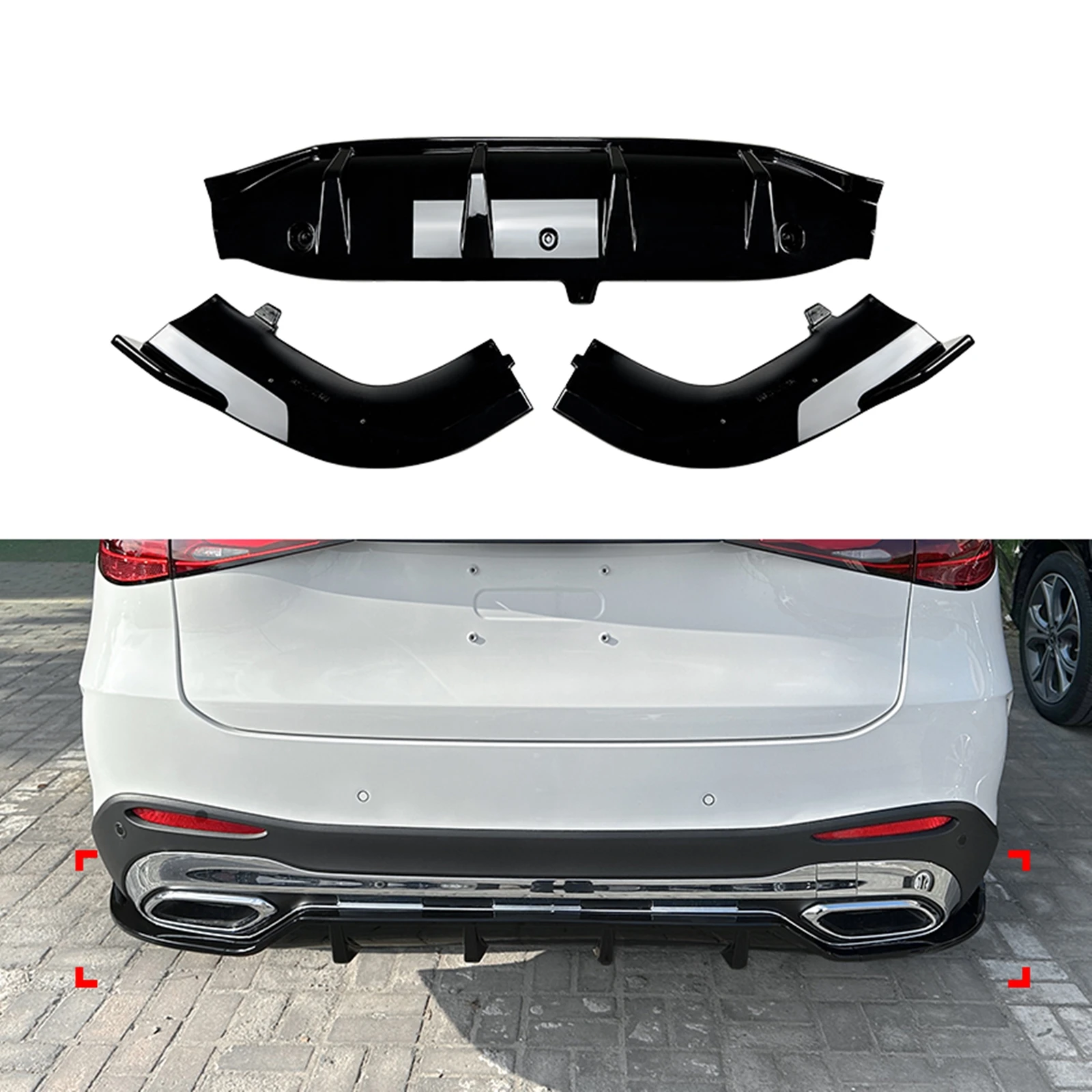 

For Mercedes Benz GLC Class X254 GLC260 GLC300 AMG 06.2023+ Carbon Fiber Look/Gloss Black Rear Bumper Diffuser Lip Spoiler Kit