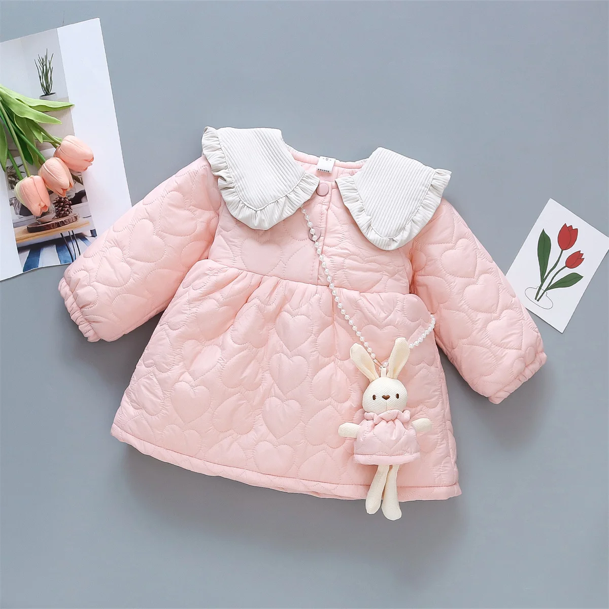 Winter Girl Baby Cute Rabbit Cartoon Cotton Coat Full Of Love Lace Doll Tie Small Accessories Solid Loose Sweet Cotton Coat