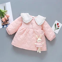 Winter Girl Baby Cute Rabbit Cartoon Cotton Coat Full Of Love Lace Doll Tie Small Accessories Solid Loose Sweet Cotton Coat