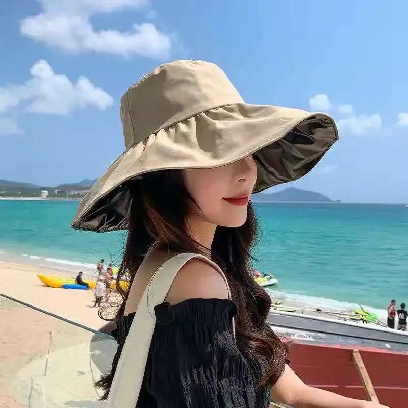 Fashion Women Sun Protection Beach Cap Spring Summer Sunscreen Hat Big Brim Bucket Hat Edge Anti-ultraviolet Uv Sun Hat UPF 50+