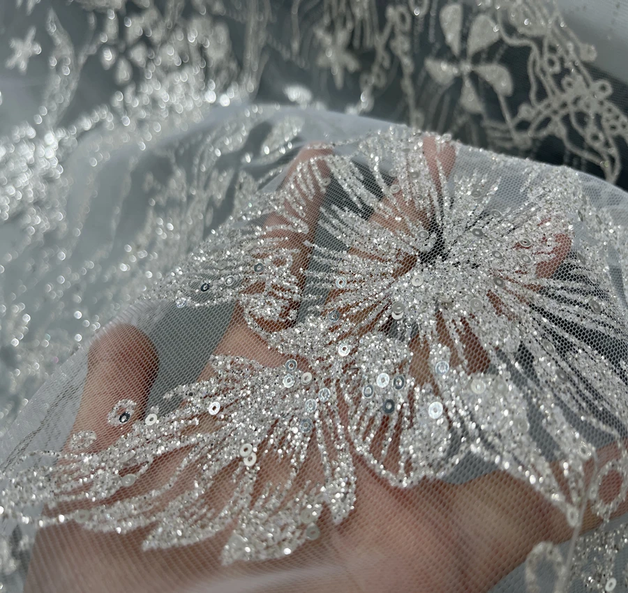 2024 Silver Lace Large Flowers Glittering Mesh Fabric Stamping Silver Spray Wedding Dress Fabric Bottom Material 150CM Wide