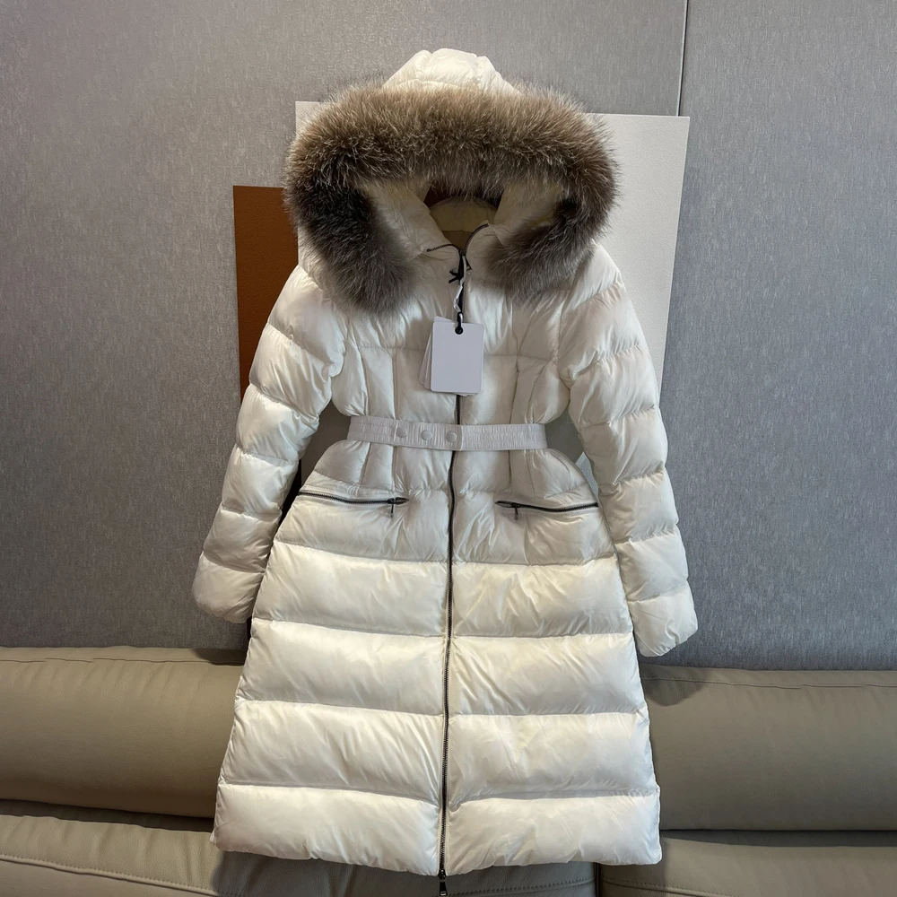 Winter Coat Women New Fox Fur Collar Hooded Long Down Jacket 90 White Duck Down Thickened Warm with Belt Waist Slimming Overcoat