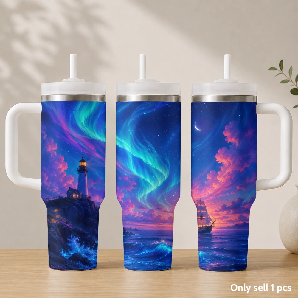 Aurora Lighthouse Vacuum Flasks 40oz Stainless Steel Insulated Tumbler with Handle & Straw Leakproof Travel Mug