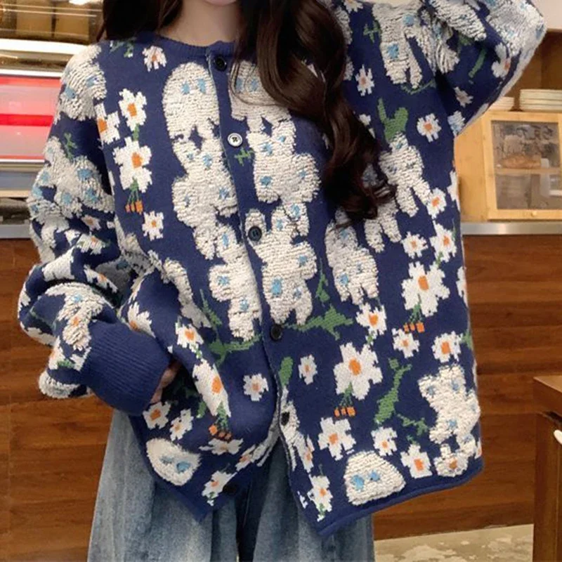 

Flocking three-dimensional flowers blue sweater coat women's autumn and winter new lazy wind niche retro soft waxy knit cardigan