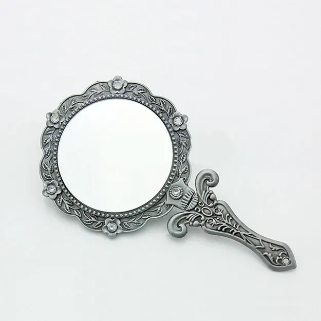 Vintage Metal Cosmetic Mirrors Women Handheld Long Handle Makeup Mirrors Mini Vintage Decoration Folding Compact Mirror Elegant