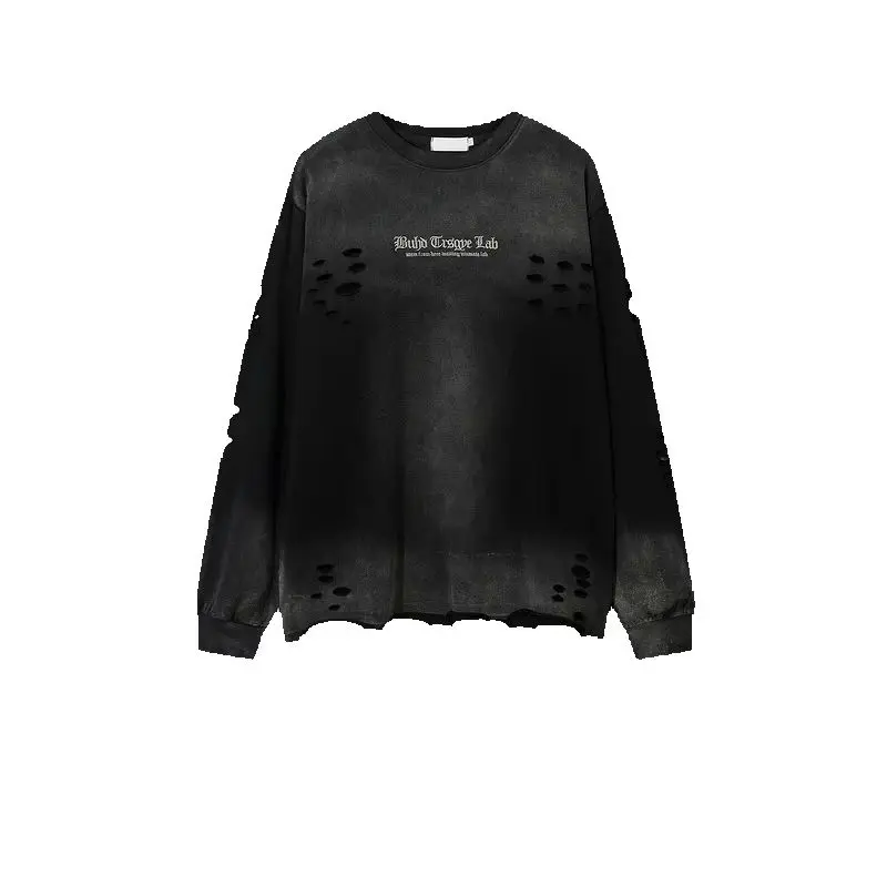 Beianji Men O-Neck Long Sleeve Destroy T-Shirt Male Fashion Vintage Hiphop Loose Wash Top Small Hole Waste Soil Wind Long Tee