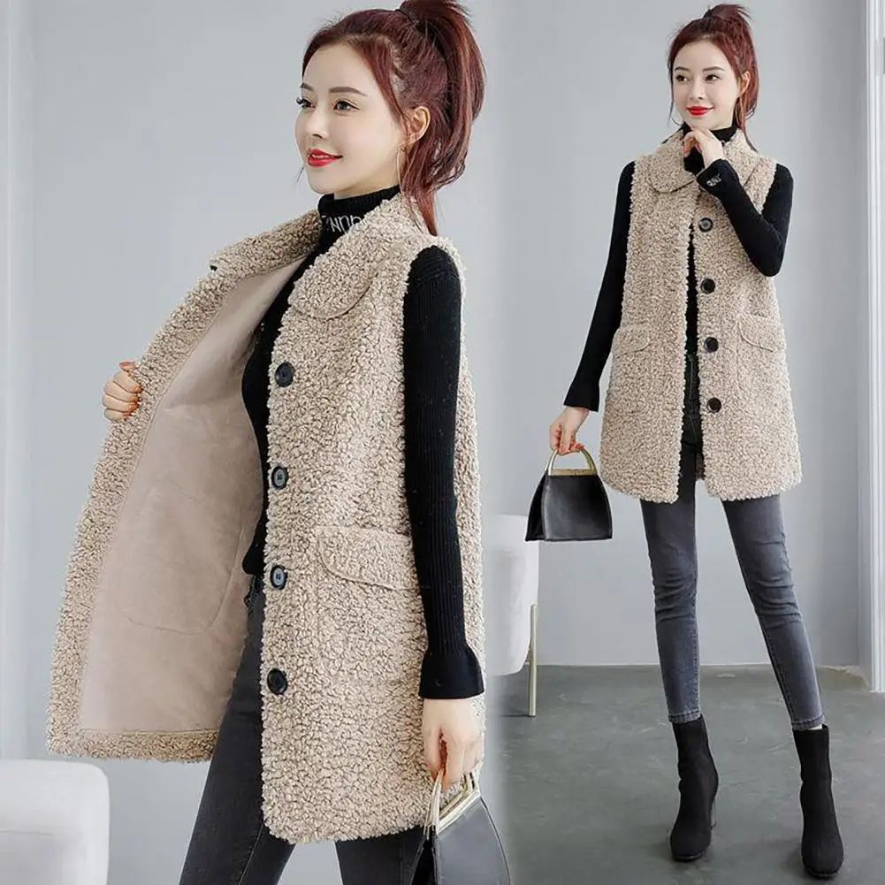 Fall Winter Women Vest Coat Lapel Sleeveless Single-breasted Fleece Cardigan Coat Mid Length Thick Warm Loose Lady Waistcoat