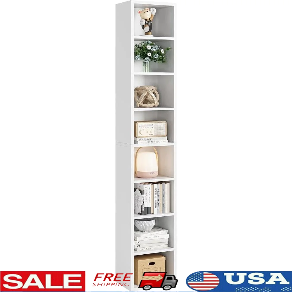 

71 Inch Tall Narrow Bookshelf 8 Tier Slim Media Tower Rack Adjustable Shelves Corner Bookcase Storage Organizer CDs DVDs Books