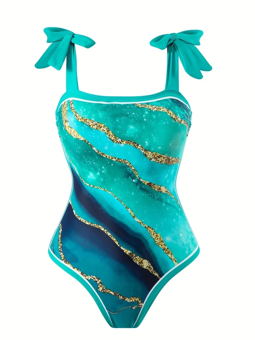 

Ocean-Inspired One-Piece Swimsuit & Matching Sarong Set – Teal with Gold Marble Print